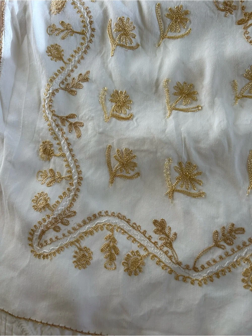Machine -Embroidered Cream Tablecloth or Shawl with Gold Floral Motif 36 in sq